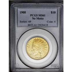 1908 $10 NO MOTTO MS61 PCGS.From The Steve Glenn Colle