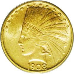 1908-D $10 No Motto MS62 PCGS. A curious issue, with t