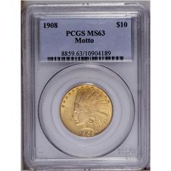 1908 $10 Motto MS63 PCGS. Soft luster peeks through gr