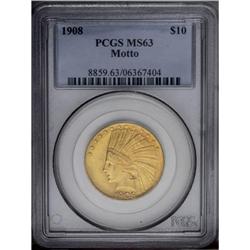 1908 $10 Motto MS63 PCGS. Peach-gold surfaces are imbu