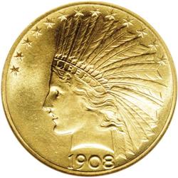 1908 $10 Motto MS64 NGC. Teddy Roosevelt did not becom