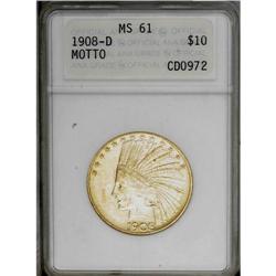 1908-D $10 Motto MS61 ANACS. Bright peach-gold surface