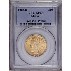 1908-D $10 Motto MS62 PCGS. Well struck with bright, l