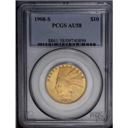 1908-S $10 AU58 PCGS. Nearly full luster is visible wi