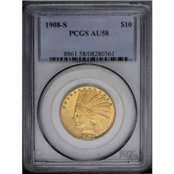 1908-S $10 AU58 PCGS. Apricot-fold surfaces retain con