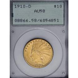 1910-D $10 AU58 PCGS. This satiny honey-gold type coin