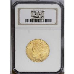 1910-D $10 MS62 NGC. Apricot-gold surfaces yield a few