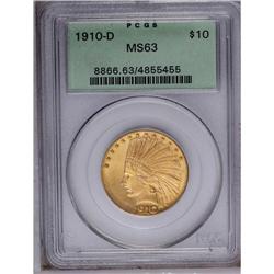 1910-D $10 MS63 PCGS. Lovely peach-gold toning adorns