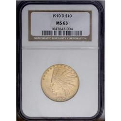 1910-D $10 MS63 NGC. A lovely apricot-gold Indian eagl