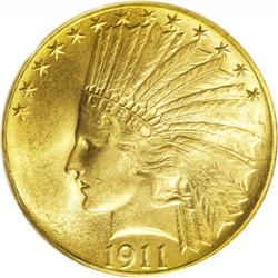 1911 $10 MS64 PCGS. Rich peach and green-gold tones en