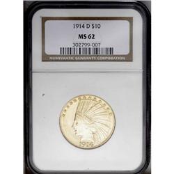1914-D $10 MS62 NGC. Pleasing khaki-golden-rose toning