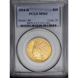 1914-D $10 MS63 PCGS. Bright lemon-gold luster bathes