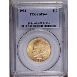 1932 $10 MS64 PCGS. Highly lustrous surfaces exhibit p