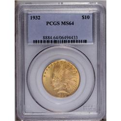 1932 $10 MS64 PCGS. Lime-green and peach-red coloratio