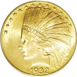 1932 $10 MS64 PCGS. A bright apricot-gold coin with wo