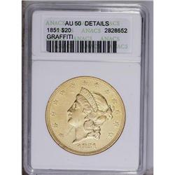 1851 $20 --Graffiti--ANACS. AU50 Details. Bright luster