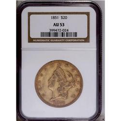 1851 $20 AU53 NGC. Honey-gold surfaces are visited by