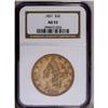 1851 $20 AU53 NGC. Honey-gold surfaces are visited by