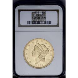 1852 $20 XF45 NGC.From The Steve Glenn Collection.