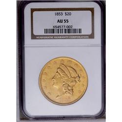1853 $20 AU55 NGC. Some luster remains in the protecte