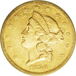 1856 $20 XF45 ICG. Some mint luster still clings to th