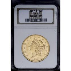 1857-S $20 XF40 NGC.From The Steve Glenn Collection.