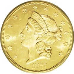 1857-S $20 MS62 PCGS. Variety 20A, the Spiked Shield v