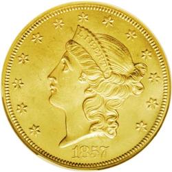 1857-S $20 MS63 NGC. This is a technically superior ex