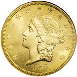 1857-S $20 MS64 NGC. Variety 20A, the Spiked Shield va