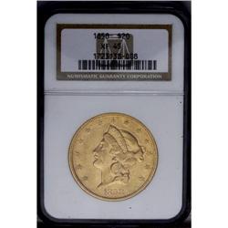 1858 $20 XF45 NGC.From The Steve Glenn Collection.