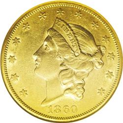 1860-S $20 AU55 NGC. A pleasing example with nearly fu