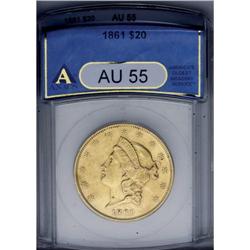 1861 $20 AU55 ANACS. Yellow and tan-gold patination al