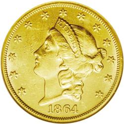 1864-S $20 AU58 NGC. Ex: S.S. Republic. Fully lustrous