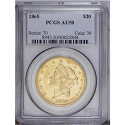 1865 $20 AU50 PCGS.From The Steve Glenn Collection.