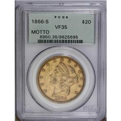 1866-S $20 Motto VF35 PCGS. A moderately abraded examp