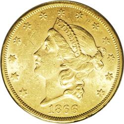 1866-S $20 Motto AU58 PCGS. The 1866-S double eagle Wi