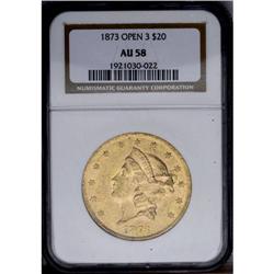 1873 $20 Open 3 AU58 NGC. This lustrous and crisply im
