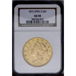 1873 $20 Open 3 AU58 NGC. The bright, satiny green-gol