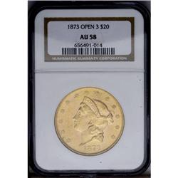 1873 $20 Open 3 AU58 NGC. This lustrous double eagle s