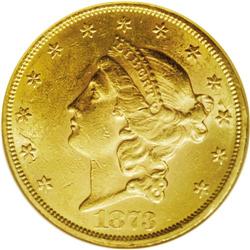 1873 $20 Open 3 AU58 NGC. Lustrous but generally baggy