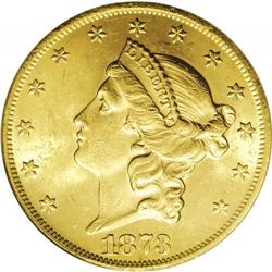 1873 $20 Open 3 MS62 ANACS. Beautifully lustrous, medi