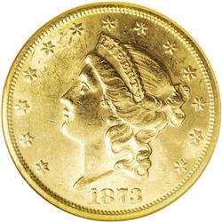 1873-S $20 Open 3 AU58 NGC. The corruscating mint lust