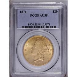 1874 $20 AU58 PCGS. A somewhat scarcer Type Two twenty