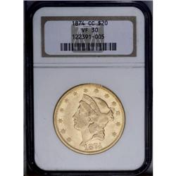 1874-CC $20 VF30 NGC.From The Steve Glenn Collection.