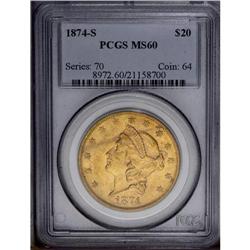 1874-S $20 MS60 PCGS. Several light to moderate contac