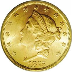 1875 $20 MS62 PCGS. A somewhat scuffy appearance preve