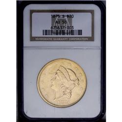 1875-S $20 AU58 NGC. Brassy-gold surfaces retain ample