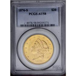 1876-S $20 AU58 PCGS. A lustrous lemon-gold Type Two t