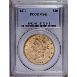 1877 $20 MS61 PCGS. Well struck with satiny luster, pl