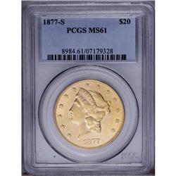 1877-S $20 MS61 PCGS. This prooflike example displays